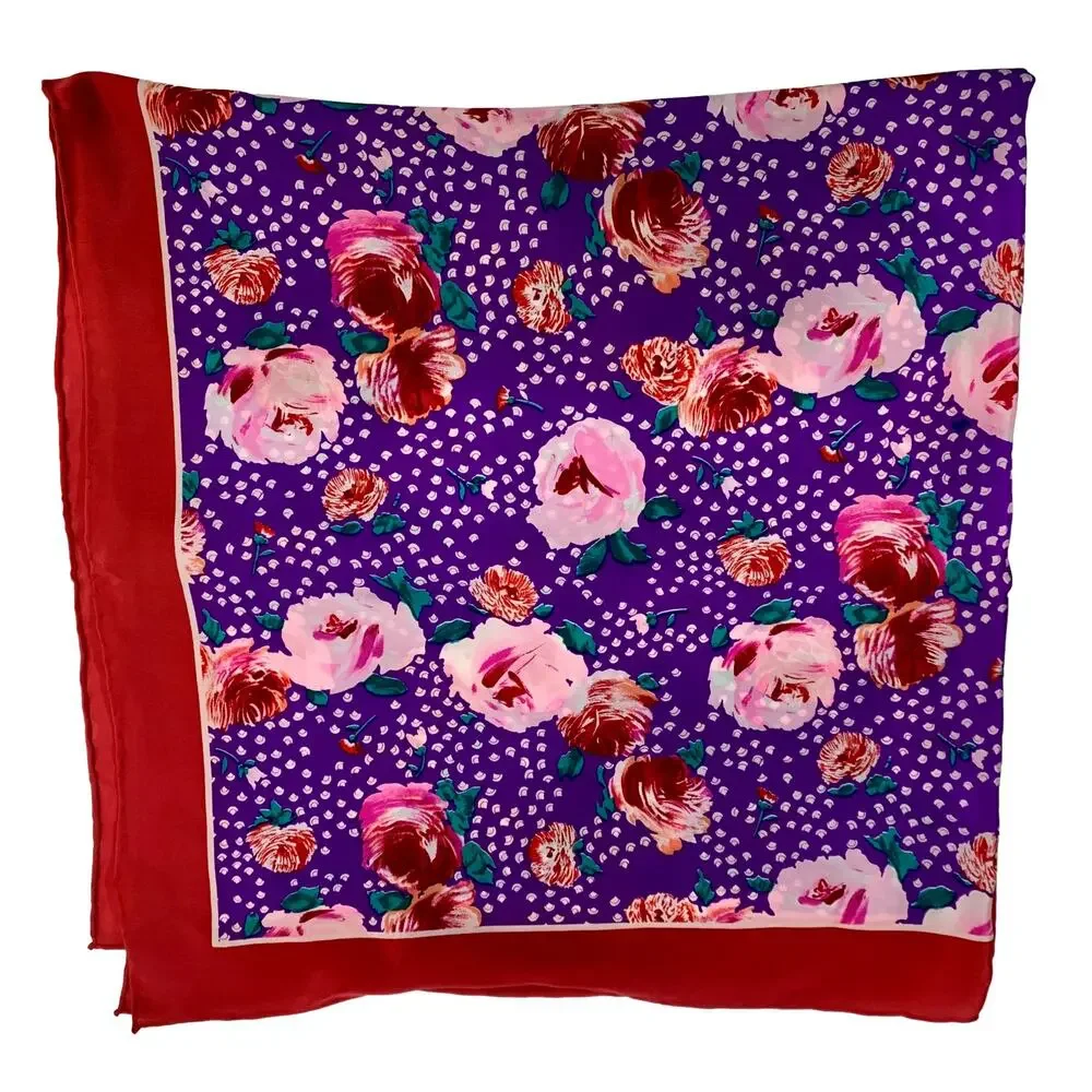 Bill Blass Silk Scarf Vintage 80s Purple Pink Floral Red Border 35
